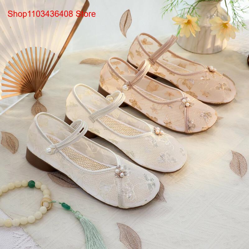 Embroidery Shoes - 새로운 메쉬 로우힐, 치파오 스팽글 자수
