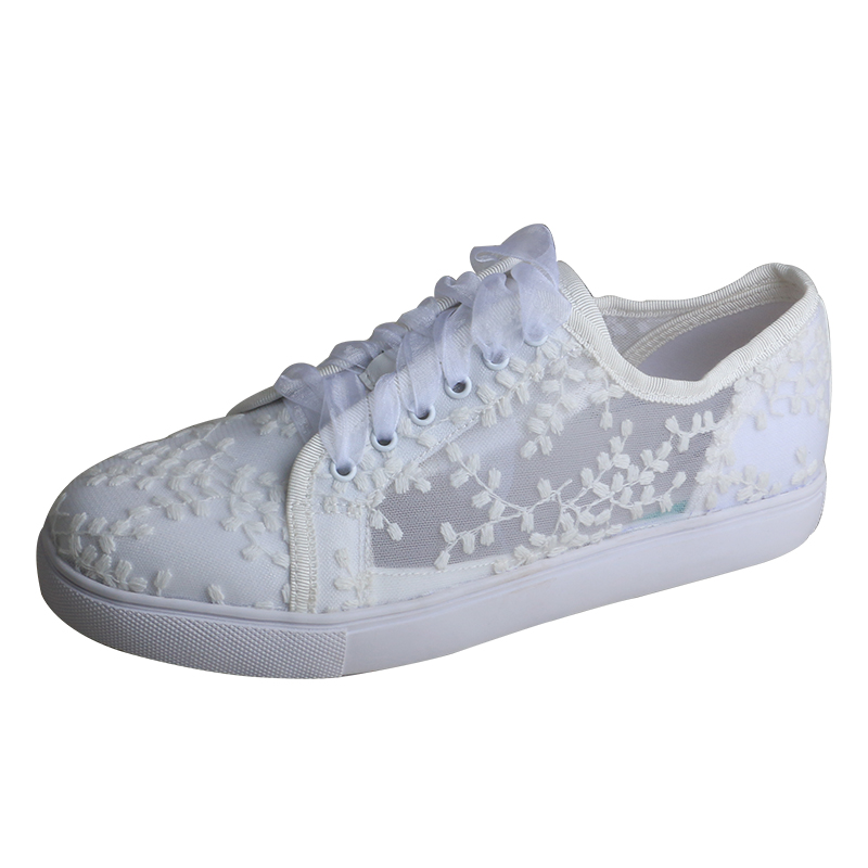 Embroidery Shoes - Wedopus 여성용 흰색 운동화 플랫 신부