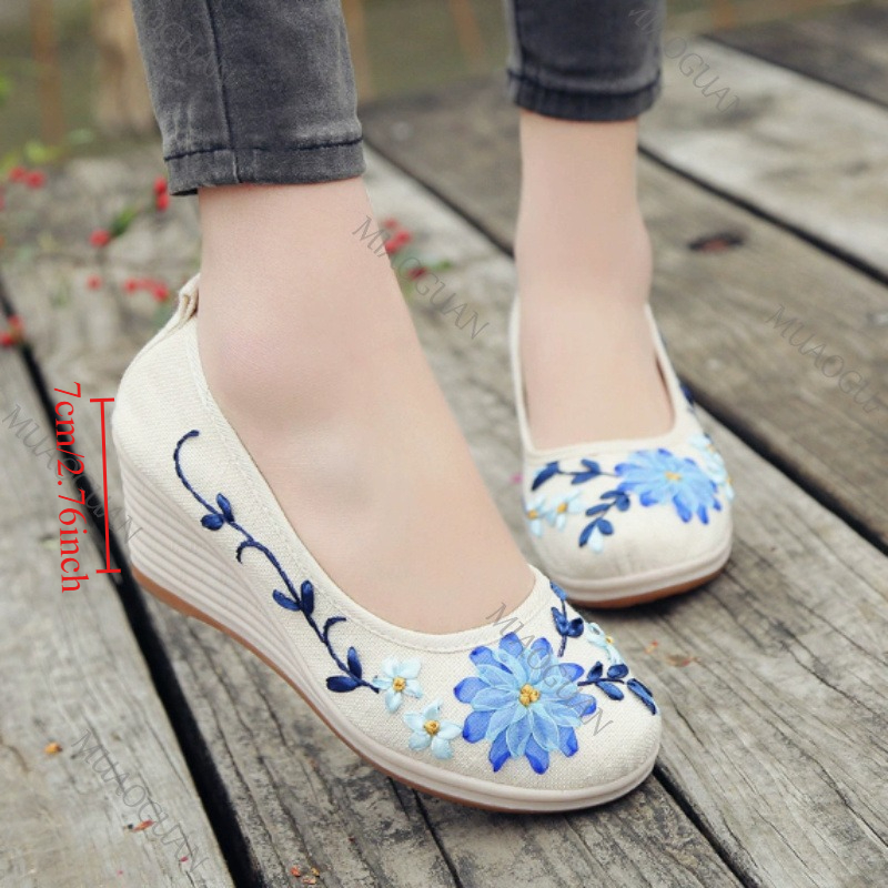 Embroidery Shoes - 자수 여성 컴포트 웨지 플랫폼 슈즈