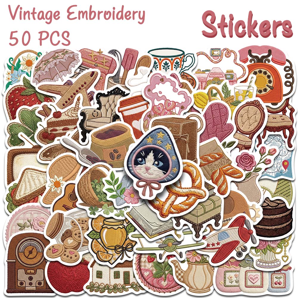 Embroidery Paper - 50개 빈티지 자수 스타일 스티커, 귀엽고